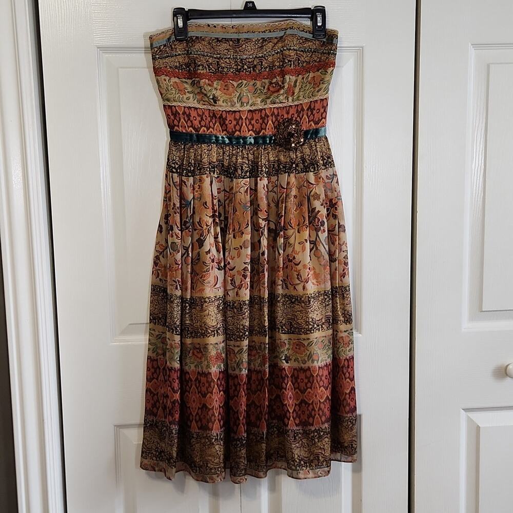 David Meister Women's Strapless Mixed Media Floral Lace Beaded Silk Dress Size 4